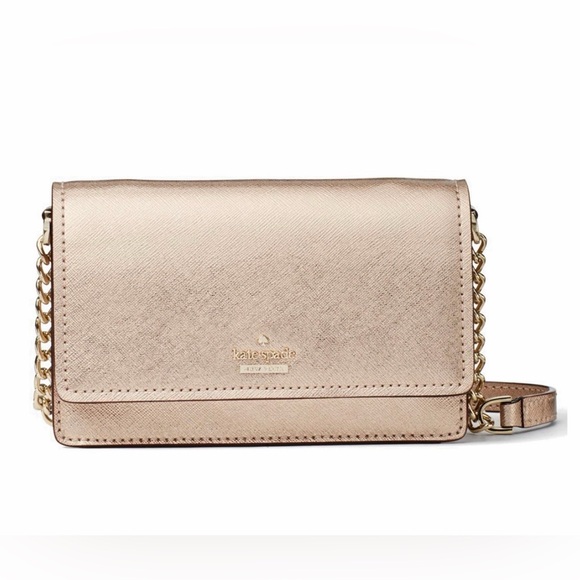 Kate Spade Rose Gold Metallic Leather Flap Crossbody Bag Chain Purse - Picture 2 of 16